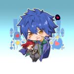  1boy artist_name blue_cloak blue_hair blush character_doll chibi chibi_only cloak coat commentary dated doll erza_scarlet facial_mark fairy_tail full_body gradient_background green_coat grey_pants heart highres holding holding_doll jellal_fernandes looking_at_viewer male_focus pants short_hair simple_background solo spoken_heart star_(symbol) xuchuan yellow_eyes 