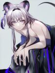  1girl absurdres animal_ears arknights bangs bare_arms bare_shoulders breasts commentary_request grey_background grey_hair hair_between_eyes highres lin_yuhsia_(arknights) long_hair looking_at_viewer mackia mouse_ears mouse_tail purple_eyes simple_background small_breasts solo tail 