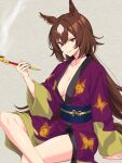  1girl alternate_costume animal_ears animal_print arm_support breasts brown_hair butterfly_print center_opening cleavage commentary_request cosplay gintama hair_between_eyes highres holding holding_smoking_pipe horse_ears horse_girl horse_tail japanese_clothes kimono large_breasts long_hair long_sleeves looking_at_viewer multicolored_hair print_kimono purple_kimono red_eyes simple_background sirius_symboli_(umamusume) smile smoking_pipe solo streaked_hair tail takasugi_shinsuke takasugi_shinsuke_(cosplay) thighs umamusume white_streaks zenbrush2 