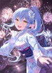  1girl :d ahoge blue_hair blue_kimono blue_nails commentary_request cowboy_shot fireworks floating_hair floral_print flower grin hair_between_eyes hair_flower hair_ornament hair_tie hairclip heart heart_ahoge heiyan_shenshi holding holding_clothes hololive japanese_clothes kanzashi kimono light_blush long_hair long_sleeves looking_at_viewer nail_polish night night_sky obi pointing pointing_up pointy_ears ponytail pov sash sidelocks sky smile solo teeth upper_teeth_only virtual_youtuber wide_sleeves yellow_eyes yukata yukihana_lamy 