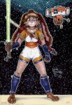  2023 anthro blue_eyes breasts brown_body brown_fur brown_hair clothed clothing duo female fur hair hi_res holding_lightsaber holding_object holding_weapon lagomorph lepi leporid lightsaber long_ears looking_at_viewer lop_(star_wars_visions) machine mammal melee_weapon neck_tuft phraggle robot smile standing star_wars star_wars_visions td-4 tuft weapon wide_stance 