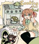  1boy 2girls :3 :d absurdres ahoge aqua_bow aqua_bowtie asymmetrical_legwear bags_under_eyes bandaid bandaid_on_knee bandaid_on_leg black_cardigan black_hair blue_eyes blue_sailor_collar blue_skirt blush_stickers bow bowtie broken_heart broken_heart_hair_ornament brown_hair capelet cardigan carrying chibi child_carry commentary cooking_pot double-parted_bangs english_commentary english_text evil_neuro-sama fang father_and_daughter flying_sweatdrops green_capelet green_hoodie hair_between_eyes hair_intakes hair_ornament hair_ribbon heart heart_hair_ornament highres hood hoodie long_hair long_sleeves looking_at_viewer miniskirt multiple_girls neuro-sama oven owo_uou pleated_skirt pointing red_bow red_bowtie red_eyes red_ribbon ribbon sailor_collar shaded_face shirt shouting siblings single_thighhigh sisters sitting skirt smile sparkle speech_bubble stove stuffed_animal stuffed_toy stuffed_turtle sweat thighhighs thumbs_up torn_stuffed_toy turtle twins two_side_up uneven_legwear v-shaped_eyebrows vedal987 vedal_ai virtual_youtuber white_shirt yellow_cardigan 