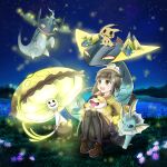  1girl alternate_color bioluminescence black_gloves black_leggings black_skirt blunt_bangs boots brown_boots brown_eyes brown_hair closed_eyes closed_mouth commentary_request dragapult drakloak dreepy floating flower gloves glowing grass hagurumanv2 hat highres leggings long_hair mimikyu night on_head on_lap one_eye_closed open_mouth outdoors pokemon pokemon_(creature) pokemon_on_head pokemon_on_lap pokemon_team shiinotic shiny_pokemon skirt sky smile star_(sky) starry_sky teeth upper_teeth_only vaporeon water yamper yellow_hat 