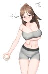  1girl absurdres alternate_costume amagi_(kancolle) baseball bra breasts brown_eyes brown_hair cleavage drunk grey_bra grey_shorts high_ponytail highres kantai_collection large_breasts long_hair maru_(marg0613) midriff navel one-hour_drawing_challenge shorts sidelocks solo sports_bra strap_slip underwear wide_ponytail 