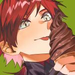  1boy absurdres black_gloves closed_mouth commentary eating english_commentary fingerless_gloves food gloves green_background green_eyes hair_between_eyes highres holding holding_ice_cream_cone ice_cream ice_cream_cone kome_non lauren_iroas lauren_iroas_(1st_costume) long_hair male_focus nijisanji ponytail portrait red_hair simple_background smile solo tongue tongue_out turtleneck virtual_youtuber 