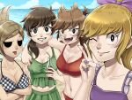  4girls alternate_hair_color animification antenna_hair arm_around_shoulder bandage_on_cheek bandage_on_face bandages beach bikini blonde_hair bow breasts bright_pupils brown_hair checkered_bikini checkered_clothes cleavage commentary_request crossed_arms eddsworld ell_(eddsworld) fang green_bikini green_eyes grin hair_bobbles hair_bow hair_ears hair_ornament highres hollow_eyes jitome kashimiato large_breasts long_hair looking_at_viewer low_ponytail matilda_(eddsworld) medium_breasts medium_hair multiple_girls ocean one_eye_closed open_mouth outdoors partial_commentary ponytail purple_bikini purple_bow purple_nails red_bikini red_eyes sand short_hair skirt small_breasts smile standing swimsuit tamara_(eddsworld) tankini tongue tongue_out topknot tori_(eddsworld) upper_body v water white_pupils 