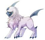  absol animal_focus artist_name claws commentary from_side full_body highres long_hair looking_at_viewer no_humans open_mouth pokemon pokemon_(creature) red_eyes shia_(shi12_poke) sidelocks signature simple_background solo standing white_background white_hair 