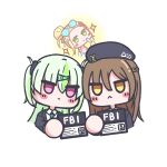  3girls :< absurdres alternate_costume arcshizuku black_hat black_jacket blonde_hair blue_bow blue_nails blush_stickers bow braid brown_hair chibi chibi_only closed_mouth collared_shirt commentary cropped_torso eyes_visible_through_hair fbi food forehead frown green_eyes green_hair hair_between_eyes hair_bow hair_bun hair_slicked_back half_up_braid hand_up hat head_tilt heaven_burns_red highres holding holding_food holding_popsicle jacket jitome long_hair looking_at_viewer multicolored_hair multiple_girls ooshima_ichiko ooshima_isuzu ooshima_yotsuha pink_eyes police_badge popsicle shirt siblings simple_background single_hair_bun sisters sparkle streaked_hair symbol-only_commentary two_side_up upper_body white_background white_shirt yellow_eyes 