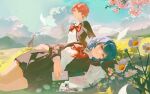  2girls absurdres anime_screenshot_inset arm_behind_head arm_pillow arm_up bicycle blue_hair book bow bowtie branch buttons chaconne cherry_blossoms chibi chibi_inset chinese_commentary closed_mouth cloud collared_shirt commentary_request crescent daisy_(flower) day feet_out_of_frame floating_paper flower giraffe giraffe_(revue_starlight) grass green_shirt grey_jacket grey_skirt hakama hanayagi_kaoruko highres hill holding holding_phone isurugi_futaba jacket japanese_clothes knee_up long_sleeves looking_ahead looking_at_viewer lying miniskirt multiple_girls on_grass on_side open_clothes open_jacket paper phone photo_(object) pink_eyes pink_hair pleated_skirt purple_eyes red_bow red_bowtie red_hakama school_uniform screenshot_inset seishou_music_academy_uniform shirt short_hair shoujo_kageki_revue_starlight skirt sky translation_request white_flower white_jacket white_shirt wind wireless_earphones 
