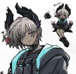  1girl 1other arknights bird_girl black_feathers black_gloves blush cable closed_eyes commentary_request dark-skinned_female dark_skin doctor_(arknights) extra_arms feather_hair feathers flower gloves grey_eyes grey_hair hair_flower hair_ornament head_wings jacket multicolored_gloves multiple_views one_eye_closed pink_gloves raidian_(arknights) short_hair simple_background smile two-tone_gloves unako_(ikhlh2) unusually_open_eyes white_background wings 