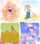  4girls animal_collar bad_id barefoot black_eyes black_jacket black_shoes black_socks blouse blue_dress blue_kimono blue_overalls blue_shorts blue_sky blue_sleeves border brown_hair brown_shoes brown_tail cherry_blossoms child closed_mouth cloud collar collared_jacket colorful commentary_request contrast_collar crew_neck day denim denim_dress dog dress dual_persona field floral_print floral_print_kimono floral_print_sleeves flower flower_field flower_wreath from_above from_side full_body grass green_shorts green_sky hair_bobbles hair_ornament holding holding_hands holding_leash holding_paintbrush holding_tanzaku jacket japanese_clothes kimono kneehighs koike_sadaji leash legs_together long_sleeves low_twintails multiple_girls multiple_views night obi original overalls paintbrush petals pink_sleeves ponytail print_kimono purple_flower red_collar running sash seiza shirt shoes short_hair short_ponytail short_twintails shorts sitting sky socks solid_circle_eyes split_mouth squatting star_(sky) tail tanabata tanzaku three-quarter_sleeves twintails white_border white_petals white_shirt white_sleeves wide_shot yellow_flower yukata 