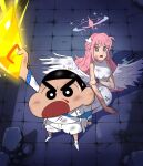  1boy 1girl angel_wings bare_shoulders black_hair blood blue_archive blue_necktie breasts card commentary cosplay crayon_shin-chan creammilk_tea credit_card d: damaged debris determined dress english_commentary feathered_wings flower hair_bun hair_flower hair_ornament halo highres holding holding_card jacket large_breasts long_dress long_hair long_sleeves mika_(blue_archive) necktie nohara_shinnosuke nosebleed open_clothes open_jacket open_mouth parody pink_hair scrunchie sensei_(blue_archive) sensei_(blue_archive)_(cosplay) shirt shoes shorts side_up_bun single_hair_bun single_side_bun sleeveless socks sweat torn torn_clothes usui_yoshito_(style) white_dress white_jacket white_shirt white_shoes white_shorts white_socks white_wings wing_ornament wings wrist_scrunchie 