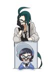  2girls :d ahoge bespectacled black-framed_eyewear black_gloves black_hair black_necktie blush_stickers closed_eyes glasses gloves green_hair head_rest long_hair long_sleeves looking_at_viewer multiple_girls necktie obuchi_(nanakamado1) open_mouth own_hands_together pokemon pokemon_(game) pokemon_sv ponytail poppy_(pokemon) rika_(pokemon) shirt simple_background smile suspenders teeth tongue upper_teeth_only visor_cap white_background 