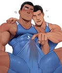  +++ 2boys arm_around_shoulder bara black_hair blush bulge closed_mouth commentary covered_abs dark-skinned_male dark_skin dildo_gag erection erection_under_clothes faceless faceless_male gag highres kansuke_(kansuke_717) large_pectorals looking_at_penis male_focus multiple_boys muscular muscular_male nipple_slip nipples one_eye_closed original pectorals penis_awe short_hair simple_background singlet skin_tight smile spread_legs symbol-only_commentary thick_eyebrows white_background 