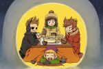  4boys adapted_costume animification antenna_hair bandage_on_cheek bandage_on_face bandages black_coat black_gloves blonde_hair bowl bright_pupils brown_coat brown_gloves brown_hair brown_hat cat chullo closed_eyes coat commentary_request earmuffs edd_(eddsworld) eddsworld food fur-trimmed_headwear fur-trimmed_jacket fur_trim gloves green_hood green_jacket grey_cat grin hair_ears hat highres hollow_eyes hood hood_down hooded_jacket hotpot jacket kashimiato kotatsu licking_lips long_sleeves male_focus matt_(eddsworld) multiple_boys official_alternate_costume open_mouth orange_hair partial_commentary pillow pom_pom_(clothes) portable_stove purple_hat red_jacket ringo_(eddsworld) short_hair sitting smile spiked_hair table tom_(eddsworld) tongue tongue_out tord_(eddsworld) under_kotatsu under_table white_pupils winter_clothes 