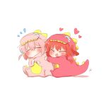 2girls :d ^_^ blush bocchi_the_rock! chibi chibi_only closed_eyes commentary_request cube_hair_ornament dinosaur_costume fang flying_sweatdrops full_body gotoh_hitori hair_ornament heart kita_ikuyo long_hair multiple_girls no_mouth one_side_up open_mouth pink_hair rebecca_(keinelove) red_hair simple_background sitting smile sweat white_background 