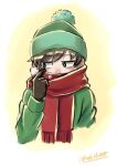  1boy absurdres adapted_costume animification black_gloves blush breath bright_pupils brown_hair commentary_request cropped_shoulders edd_(eddsworld) eddsworld gloves green_eyes green_hat green_sweater hat highres jitome kashimiato long_sleeves looking_to_the_side male_focus partial_commentary pom_pom_(clothes) red_scarf scarf short_hair signature simple_background solo sweater swept_bangs white_pupils yellow_background 