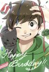  1boy animal animal_on_shoulder animification antenna_hair bacon birthday blush bright_pupils broccoli brown_hair can cat cat_on_shoulder cola commentary_request confetti drawstring drink_can edd_(eddsworld) eddsworld english_text food green_eyes green_hoodie grey_cat grin happy_birthday highres hood hood_down hoodie kashimiato long_sleeves male_focus one_eye_closed partial_commentary ringo_(eddsworld) short_hair simple_background smile solo_focus swept_bangs tabby_cat upper_body white_background white_pupils 