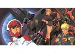  1990s_(style) 1girl 2boys absurdres bawoo blonde_hair earth_(planet) elpeo_puru glemy_toto gundam gundam_zz highres judau_ashta kitazume_hiroyuki magazine_scan mecha mecha_pilot_suit military_uniform mobile_suit multiple_boys neo_zeon normal_suit_(gundam) orange_hair planet qubeley_mk_ii retro_artstyle robot roundel scan science_fiction space traditional_media zero_gravity 