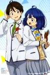  1boy 1girl absurdres ahoge anime_coloring blazer blue_bow blue_bowtie blue_eyes blue_hair blush bow bowtie brown_eyes brown_hair cardigan cocked_eyebrow collared_shirt cowboy_shot double-parted_bangs food green_necktie grey_pants grey_skirt hair_between_eyes hand_on_own_head highres holding holding_food jacket kawakami_tetsuya looking_at_another magazine_scan make_heroine_ga_oo_sugiru! medium_hair necktie newtype nukumizu_kazuhiko official_art open_clothes open_jacket open_mouth pants pleated_skirt scan school_uniform shirt short_hair side-by-side skirt sweatdrop third-party_source tsuwabuki_high_school_uniform white_jacket white_shirt yanami_anna yellow_bow yellow_bowtie yellow_cardigan 