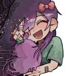  1girl aubrey_(headspace)_(omori) aubrey_(omori) bandaid bandaid_on_arm blood blue_shirt bow closed_eyes double-parted_bangs hair_between_eyes hair_bow highres holding holding_stuffed_toy long_hair mr._plantegg_(omori) omori open_mouth pink_bow purple_hair shirt short_sleeves simple_background smile solo stuffed_eggplant stuffed_toy t-shirt uminosoko44 upper_body 