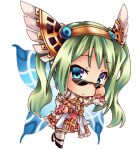  1girl arch_bishop_(ragnarok_online) bangs blue_eyes blue_wings bow butterfly_wings chibi closed_mouth commentary_request cross dress dress_bow expressionless frilled_dress frilled_sleeves frills full_body golden_wings green_hair head_wings long_hair looking_at_viewer looking_over_eyewear lowres momozakura_nanao official_alternate_costume ragnarok_online red_dress simple_background solo sunglasses thighhighs transparent_background twintails two-tone_dress white_dress white_thighhighs wings yellow_bow 