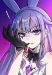  ! 1girl aciayadi alternate_costume animal_ears biting biting_glove black_bow black_bowtie black_gloves bow bowtie chest_jewel commentary detached_collar double-parted_bangs ear_piercing english_commentary fang furrowed_brow gem gloves gradient_background hair_flaps hand_up heart heart_tattoo highres hololive hololive_english jewel_under_eye koseki_bijou leotard light_blush long_hair looking_at_viewer multicolored_eyes parted_lips piercing pink_background pink_hair purple_background purple_eyes purple_gem purple_lips rabbit_ears spiked_ear_piercing strapless strapless_leotard sweat tattoo teeth two-tone_eyes upper_body virtual_youtuber white_leotard 