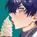  1boy absurdres aqua_background blue_hair commentary eating english_commentary food from_side glasses green_eyes hair_between_eyes highres ice_cream kome_non leos_vincent leos_vincent_(1st_costume) licking looking_at_viewer male_focus nijisanji portrait short_hair simple_background solo tongue tongue_out virtual_youtuber 