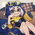  1girl black_shorts blue_hair eyewear_on_head green_eyes grin hand_on_own_cheek hand_on_own_face highres inkling inkling_girl inkling_player_character looking_at_viewer medium_hair mini_splatling_(splatoon) pointy_ears prat_rat shirt shorts sitting smile solo splatoon_(series) stuffed_squid sunglasses tentacle_hair three-quarter_sleeves watermark watermark_grid yellow-framed_eyewear yellow_shirt 