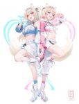  2girls :d animal_ear_fluff animal_ears ankle_boots asymmetrical_clothes asymmetrical_sleeves bandaid bandaid_hair_ornament bilingual_commentary blonde_hair blue_eyes blue_hairband blue_shirt blue_socks blue_streaks boots breasts center_frills collared_shirt color-coded commentary cropped_shirt crossed_bangs detached_sleeves dog_ears dog_girl dog_tail double-parted_bangs english_commentary fake_horns frills full_body fuwawa_abyssgard hair_between_eyes hair_intakes hair_ornament hairband hairclip highres holding_hands hololive hololive_english hololive_idol_uniform_(color_rise) horn_hairband horns idol_clothes lace-up_boots large_breasts long_hair looking_at_viewer midriff miniskirt mismatched_sleeves mixed-language_commentary mococo_abyssgard multicolored_hair multiple_girls navel official_alternate_costume open_mouth padoruu parallel_hairclips pink_eyes pink_hairband pink_shirt pink_socks pink_streaks platform_boots puffy_detached_sleeves puffy_sleeves shirt short_hair siblings simple_background single_detached_sleeve single_pantsleg single_sleeve sisters skirt smile socks standing standing_on_one_leg streaked_hair tail thigh_strap twins two_side_up v virtual_youtuber white_background white_shirt white_skirt x_hair_ornament 