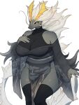 2023 2_horns 3:4 5_fingers amatsu_(mh) anthro anthrofied asian_clothing baburusushi big_breasts biped black_clothing black_legwear black_thigh_highs black_topwear breasts capcom clothed clothed_anthro clothed_female clothing digital_drawing_(artwork) digital_media_(artwork) dress east_asian_clothing elder_dragon eyelashes female female_anthro fingers fur grey_body grey_scales grey_sclera hand_on_breast hi_res horn humanoid_hands japanese_clothing legwear looking_at_viewer monster_hunter mouth_closed mythology non-mammal_breasts portrait pupils scales shaded sideless_dress simple_background simple_shading slit_pupils solo standing tail tail_mane thick_thighs thigh_highs three-quarter_portrait three-quarter_view topwear whiskers white_background white_body white_fur white_whiskers yellow_eyes yellow_horn