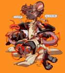  absurd_res after_transformation anthro bodily_fluids claws colored dialogue english_text fur good_boy hi_res male mammal mostly_nude multicolored_body multicolored_fur murid murine rat red_eyes rodent scar simple_background snack_(artist) solo speech_bubble sweat text 