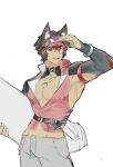  animal_ears bag belt_around_waist black_hair collar dog_boy dog_ears fox_anmian highres holding_board komano_manato male_focus multicolored_hair muscular muscular_male red_eyes red_hair waist_bag whistle whistle_around_neck white_bag 