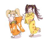  2girls alternate_costume bandaged_arm bandages bangs blonde_hair blunt_bangs blush bow brown_hair candy cat_hair_ornament closed_eyes cosplay cotton_candy danganronpa_(series) danganronpa_2:_goodbye_despair eating floral_print food full_body gorila_chan hair_bow hair_ornament hand_up holding_hands japanese_clothes kimono long_hair long_sleeves mole mole_under_eye multiple_girls orange_kimono orange_print saionji_hiyoko saionji_hiyoko_(cosplay) standing tears tsumiki_mikan twintails wide_sleeves yellow_kimono 