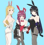  3girls absurdres alcohol animal_ears bangs bare_shoulders black_hair blonde_hair blue_background blush bocchi_the_rock! bow bowtie braid breasts cleavage cuffs detached_collar drunk eyebrows_hidden_by_hair fake_animal_ears fake_tail fishnet_pantyhose fishnets gloves green_eyes highres hiroi_kikuri ijichi_seika jebi large_breasts long_hair long_sleeves looking_at_viewer medium_breasts multiple_girls pa-san pantyhose playboy_bunny rabbit rabbit_ears rabbit_girl rabbit_tail red_eyes sake sideboob simple_background single_braid smile tail teeth wrist_cuffs 