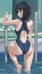  1girl ass back back_cutout bare_arms bare_shoulders barefoot black_eyes black_hair blue_one-piece_swimsuit clothing_cutout from_behind highres hood_(james_x) looking_at_viewer looking_back medium_hair one-piece_swimsuit original pool pool_ladder solo swimsuit thighs water 