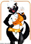 absurd_res anthro breath brown_eyes clothed clothing erect_nipples female fur greeting hi_res mammal mephitid multicolored_body multicolored_fur navel nipple_outline nipple_piercing nipples partially_clothed piercing robbiewallace skunk smile solo traditional_media_(artwork) yellow_clothing