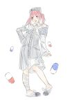  1girl animal_ear_headwear animal_ears asymmetrical_sleeves bandaged_leg bandages bare_shoulders beanie blue_choker bow brown_eyes buttons cat_ears chinese_commentary choker closed_mouth collar collarbone collared_dress commentary_request crossed_bandaids detached_collar dot_nose dress fake_animal_ears footwear_bow full_body grey_hat hand_on_own_hip happy hat highres infinity_nikki light_blush lipstick long_hair long_sleeves looking_ahead makeup medium_dress mismatched_sleeves nikki_(nikki) nikki_(series) off-shoulder_dress off_shoulder paperclip pill pink_hair pleated_dress pocket quirky_idea_(infinity_nikki) red_lips simple_background sleeve_cuffs sleeves_past_wrists slippers smile solo standing striped_clothes striped_dress tenshi_kaiwai twintails vertical-striped_clothes vertical-striped_dress white_background white_bow white_collar white_dress white_slippers xiyu5737 