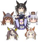  6+girls ahoge animal_ears beanie black_hair blunt_bangs brown_hair cat_covering_ears_(meme) commentary_request dream_journey_(umamusume) ear_covers ears_through_headwear fenomeno_(umamusume) glasses gold_ship_(umamusume) grey_hair hair_between_eyes hat highres horse_ears horse_girl long_hair meme multicolored_hair multiple_girls nakayama_festa_(umamusume) orange_hair orfevre_(old_design)_(umamusume) orfevre_(umamusume) purple_eyes shikokuken_(mrykk24) stay_gold_(umamusume) stay_gold_clan_(umamusume) umamusume white_hair 