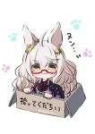  1girl :3 ahoge animal_ears biwa_hayahide_(pf._winning_equation...)_(umamusume) biwa_hayahide_(umamusume) black_dress black_shirt blush bow bowtie box cardboard cardboard_box chibi chibi_only closed_mouth crown dress for_adoption glasses grey_hair hair_between_eyes hair_ornament highres horse_ears horse_girl horse_tail in_box in_container jacket long_hair long_sleeves looking_at_viewer paw_print paw_print_background purple_jacket red-framed_eyewear red_bow red_bowtie semi-rimless_eyewear shirt simple_background sitting skirt smile solo tail takoyaki_(takoyaki_draw) umamusume under-rim_eyewear white_background white_hair yellow_eyes 