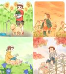  4girls animal_collar autumn autumn_leaves bad_id bag black_eyes blue_flower blue_jacket blue_pants blue_shorts blue_sky blue_sleeves blunt_bangs brown_collar brown_eyes brown_fur brown_hair brown_tail bucket bud bug buttons capri_pants collar collared_jacket colorful commentary_request cowboy_shot cropped_jacket day denim denim_jacket dog downturned_eyes dragonfly evening faucet field flower food from_above from_side fruit full_body gentiana_(flower) green_sky grey_bag grey_jacket grey_shorts grey_sleeves handbag holding holding_bucket hood hood_down hoodie hose jacket jungle_gym koike_sadaji laces lake layered_sleeves leaf legs_apart long_sleeves looking_at_another low_twintails multiple_girls multiple_views number_print on_grass on_ground open_clothes open_jacket orange_sky original outdoors pants plant_request playground pocket print_shirt red_collar red_leaf red_shirt red_shoes red_sleeves shirt shoes short_over_long_sleeves short_sleeves short_twintails shorts sitting sky sleeping slice_of_life smile sneakers solid_circle_eyes split_mouth standing summer sunflower t-shirt tongue tongue_out twintails water watermelon white_sleeves wing_collar yellow_flower yellow_hood yellow_hoodie 