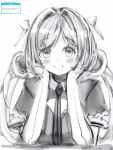  1girl aki_rosenthal blush closed_mouth greyscale head_rest highres hololive looking_at_viewer monochrome nanashi_(nlo) necktie simple_background smile solo twintails virtual_youtuber white_background 