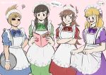  4girls alternate_hair_color alternate_hairstyle animification antenna_hair apron blonde_hair blue_bow blue_bowtie blue_dress blush bow bowtie bright_pupils brown_hair cameo cat commentary_request cowboy_shot crossed_arms dress eddsworld ell_(eddsworld) english_text enmaided eyebrow_piercing face_piercing flat_color flipped_hair frilled_wrist_cuffs frills green_bow green_bowtie green_dress green_eyes grin hair_ears hair_ornament hairclip highres holding holding_menu holding_tray hollow_eyes kashimiato long_hair long_sidelocks looking_down low_twintails maid maid_headdress matilda_(eddsworld) menu moe_(phrase) multiple_girls parallel_hairclips partial_commentary piercing pink_background purple_bow purple_bowtie purple_dress reading red_bow red_bowtie red_dress red_eyes ringo_(eddsworld) short_hair sidelocks smile speech_bubble tamara_(eddsworld) thought_bubble topknot tori_(eddsworld) tray twintails white_apron white_pupils wrist_cuffs 