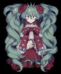  1girl :&lt; absurdres bow bowtie brass_knuckles drill_hair flower green_hair higa423 highres looking_at_viewer original plant red_bow red_bowtie red_eyes red_flower red_rose red_skirt rose shirt skirt slit_pupils spikes sweatdrop thorns twin_drills vines weapon white_shirt 