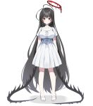  1girl alternate_costume bangs black_hair black_wings blue_archive blush breasts choker closed_mouth collarbone dress full_body halo highres large_breasts long_hair murase48 puffy_short_sleeves puffy_sleeves red_eyes sandals shirt short_sleeves simple_background skirt solo standing tsurugi_(blue_archive) very_long_hair white_background white_dress wings 