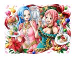  2girls bell blue_hair bow brown_eyes cake cake_slice cupcake flower food holding holding_plate holly leaf multiple_girls official_art one_piece one_piece_treasure_cruise open_mouth pinecone pink_hair plate red_ribbon ribbon teeth upper_teeth_only 