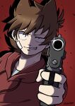  1boy absurdres animification antenna_hair bandage_on_cheek bandage_on_face bandages bandaid bandaid_on_face bright_pupils brown_hair commentary_request drawstring eddsworld fang flipped_hair grin gun hair_ears highres holding holding_gun holding_weapon hood hood_down hoodie kashimiato long_sleeves male_focus partial_commentary red_background red_eyes red_hoodie short_hair signature simple_background smile solo tord_(eddsworld) uneven_eyes upper_body weapon white_pupils wide-eyed 
