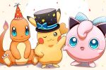  :d ;3 arm_up black_hat blue_eyes blush bow charmander claws closed_mouth commentary_request confetti fire flame-tipped_tail hat hat_bow jigglypuff momiyon no_humans one_eye_closed open_mouth party_hat pikachu pokemon pokemon_(creature) pokemon_focus sitting smile star_(symbol) star_print tail top_hat 