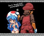  1boy 1girl absurdres blue_hair blue_vest breasts brown_hair brown_shirt english_text facial_hair gloves hand_on_another&#039;s_head hat headpat highres large_breasts long_hair mario mario_(series) micro_shorts minuspal mustache navel overalls red_headwear red_overalls shirt shorts super_mario_bros._1 toad_(mario) very_long_hair vest white_gloves white_shorts 