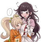  ... 2girls apron bandaged_arm bandages bangs black_hair blush bow breast_envy brown_eyes cat_hair_ornament clenched_teeth commentary_request danganronpa_(series) danganronpa_2:_goodbye_despair drooling floral_print flying_sweatdrops gorila_chan green_bow grey_apron hair_bow hair_ornament japanese_clothes kimono long_hair looking_at_another multiple_girls open_mouth orange_kimono pink_shirt puffy_short_sleeves puffy_sleeves red_eyes saionji_hiyoko shirt short_sleeves spoken_ellipsis sweat teeth tsumiki_mikan twintails upper_body 